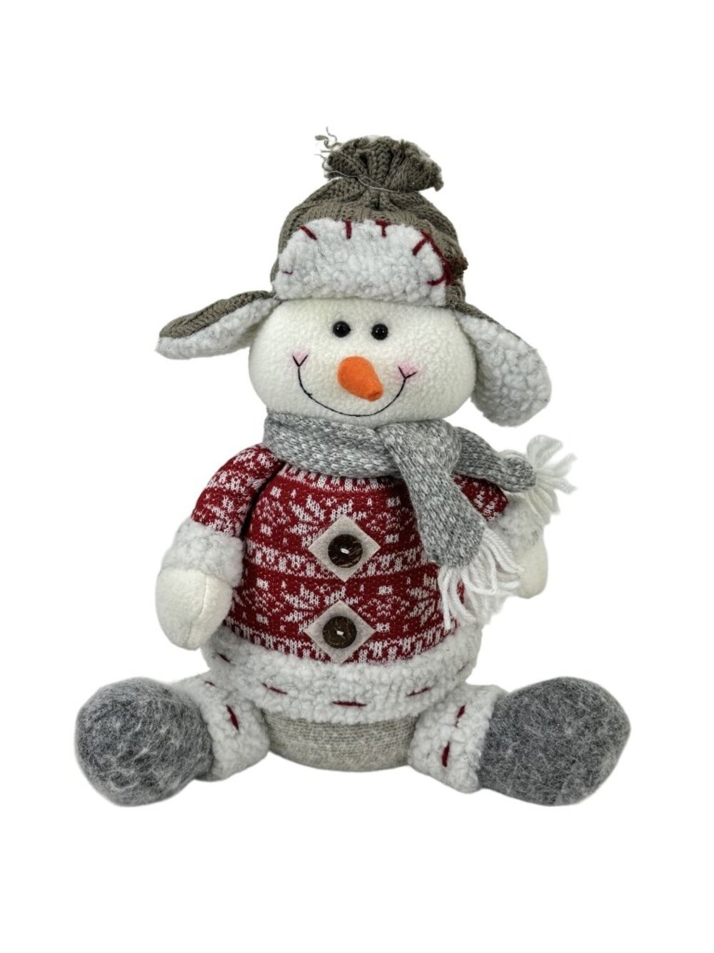 Handmade Snowman Plush Doll 13" Knit Hat Sweater and Scarf Weighted Winter Decor